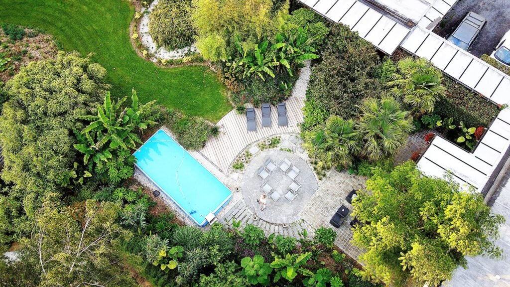 Vue aérienne d'un jardin exotique luxuriant avec piscine